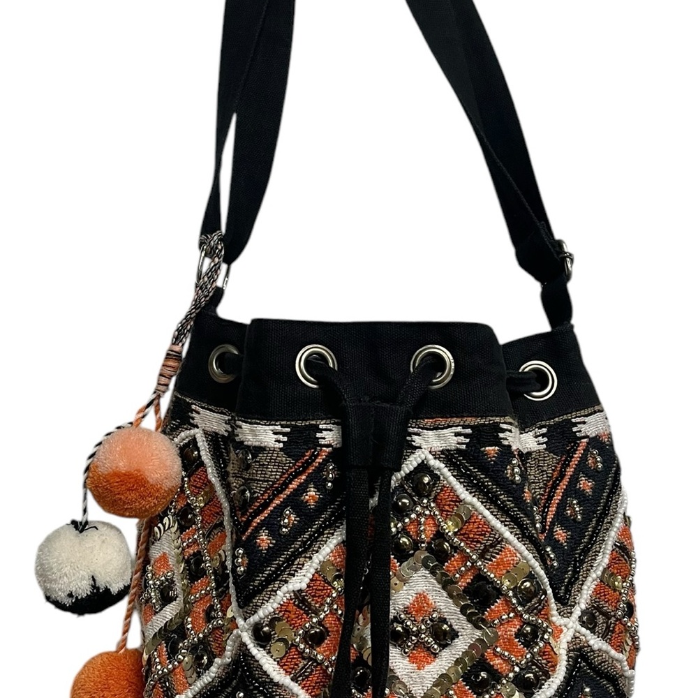 Bohemian Black and Orange Embroidered Bag, beaded bucket purse bag
